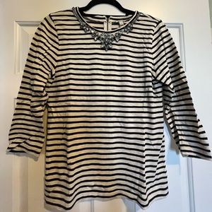 J. Crew navy and cream striped top with jeweled accent